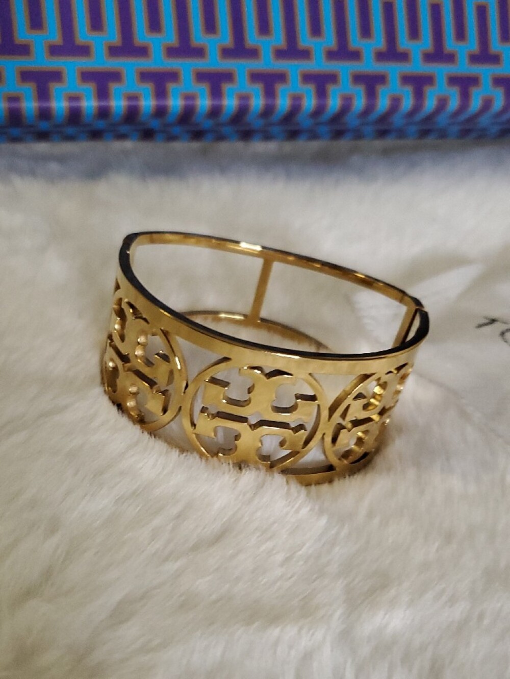 Tory Burch Gold Filigree Logo Cuff Bracelet